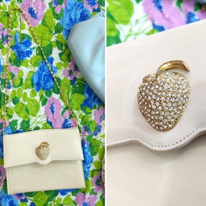 DEADSTOCK Fabulous Vintage Off-White/Khaki-Colored Patent Leather Shoulder Purse with Giant Rhinestone Strawberry image 3