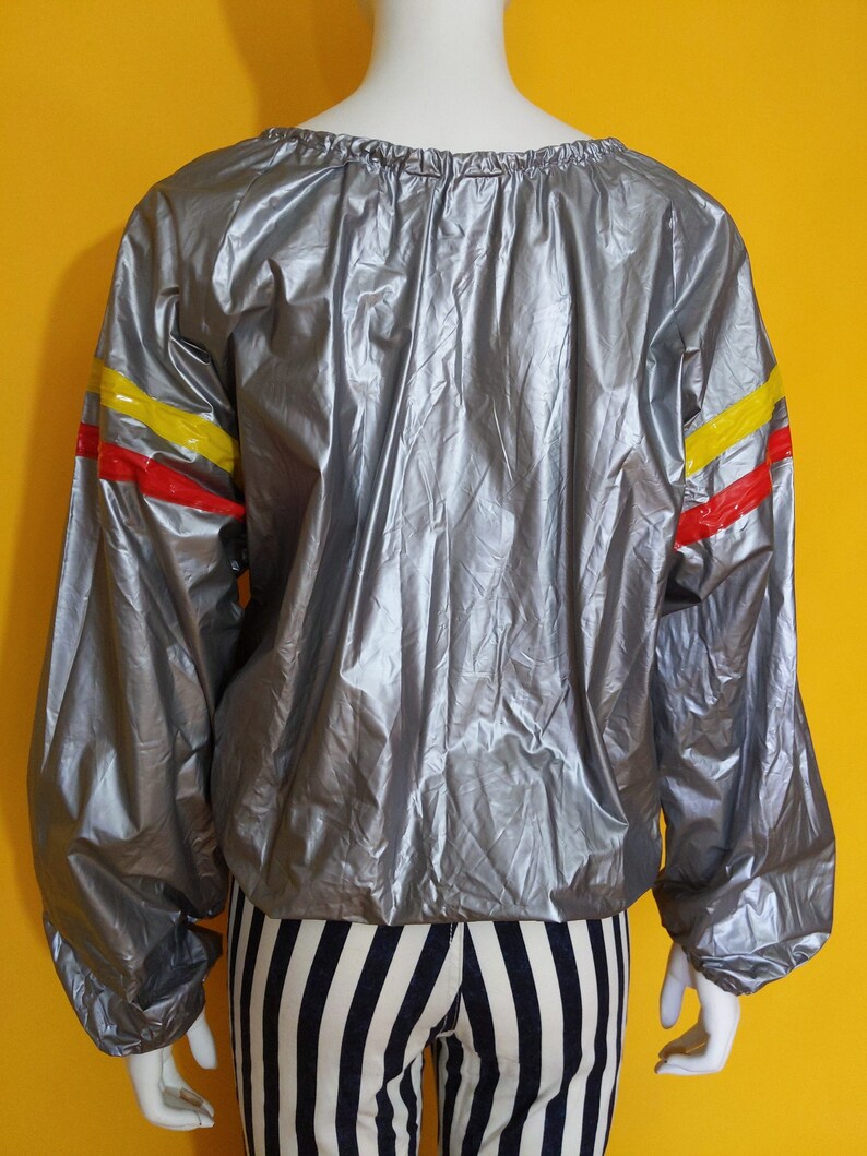 Rad Vintage 80s Gray Rain / Warm-Up Pullover Vinyl Jacket Top with Red Yellow Stripes image 9
