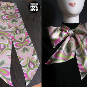 Shiny Satin Pastel Pink Green Hearts Retro Style Long Scarf image 3