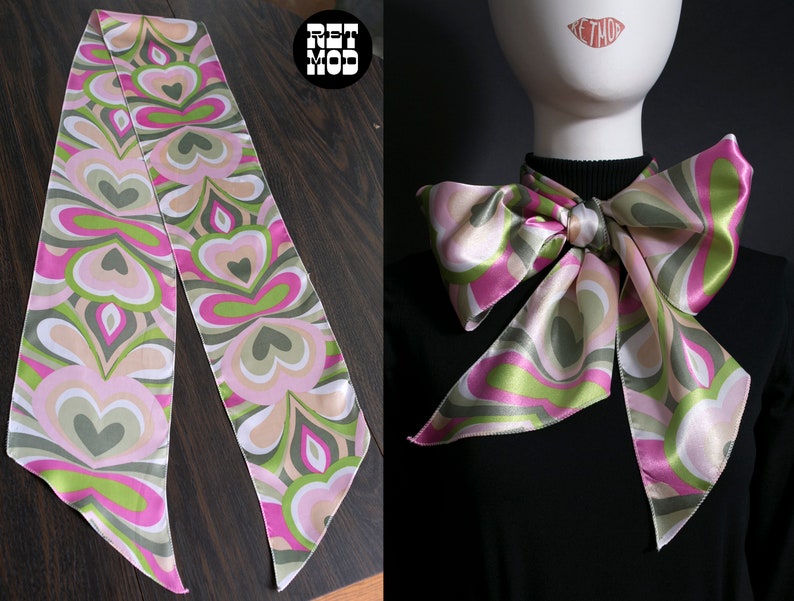 Shiny Satin Pastel Pink Green Hearts Retro Style Long Scarf image 3