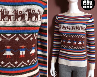 Fun Vintage 70s Llamas & Hatted People Brown Blue Orange Stripe Pullover Novelty Sweater