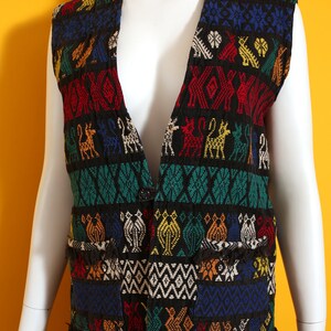 Nice Vintage 70s Black Rainbow Colorful Critters Woven Guatemalan Vest with Fringe image 4