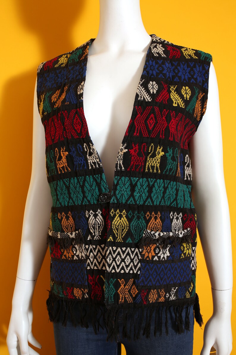 Nice Vintage 70s Black Rainbow Colorful Critters Woven Guatemalan Vest with Fringe image 4