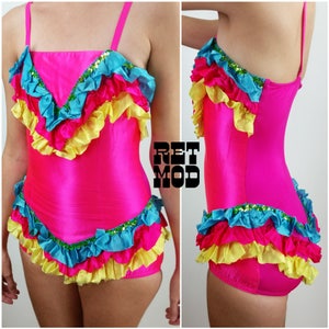 JUNIOR SIZE - Vintage Super Bright, Neon Pink, Blue, Green Ruffle Butt Burlesque Sequin Dance Pin-Up Costume Outfit