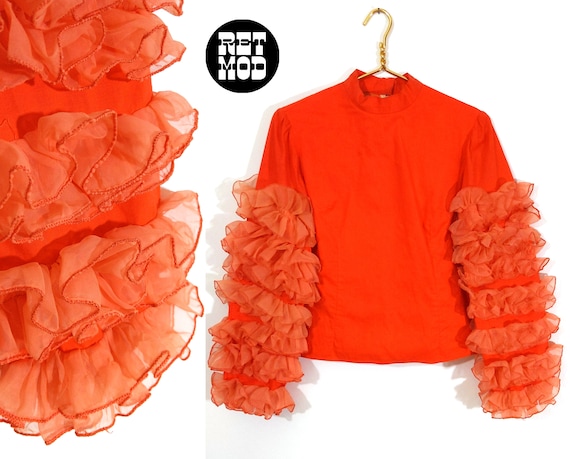 INSANE Vintage 60s 70s Bright Orange Cotton Shirt… - image 1