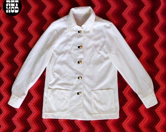 Mod Vintage 60s 70s Camisa túnica blanca con botones y botones dorados y bolsillos