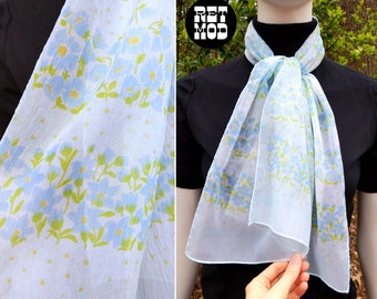 Ethereal Vintage 50s 60s White with Blue & Green Flowers Long Scarf by Glentex