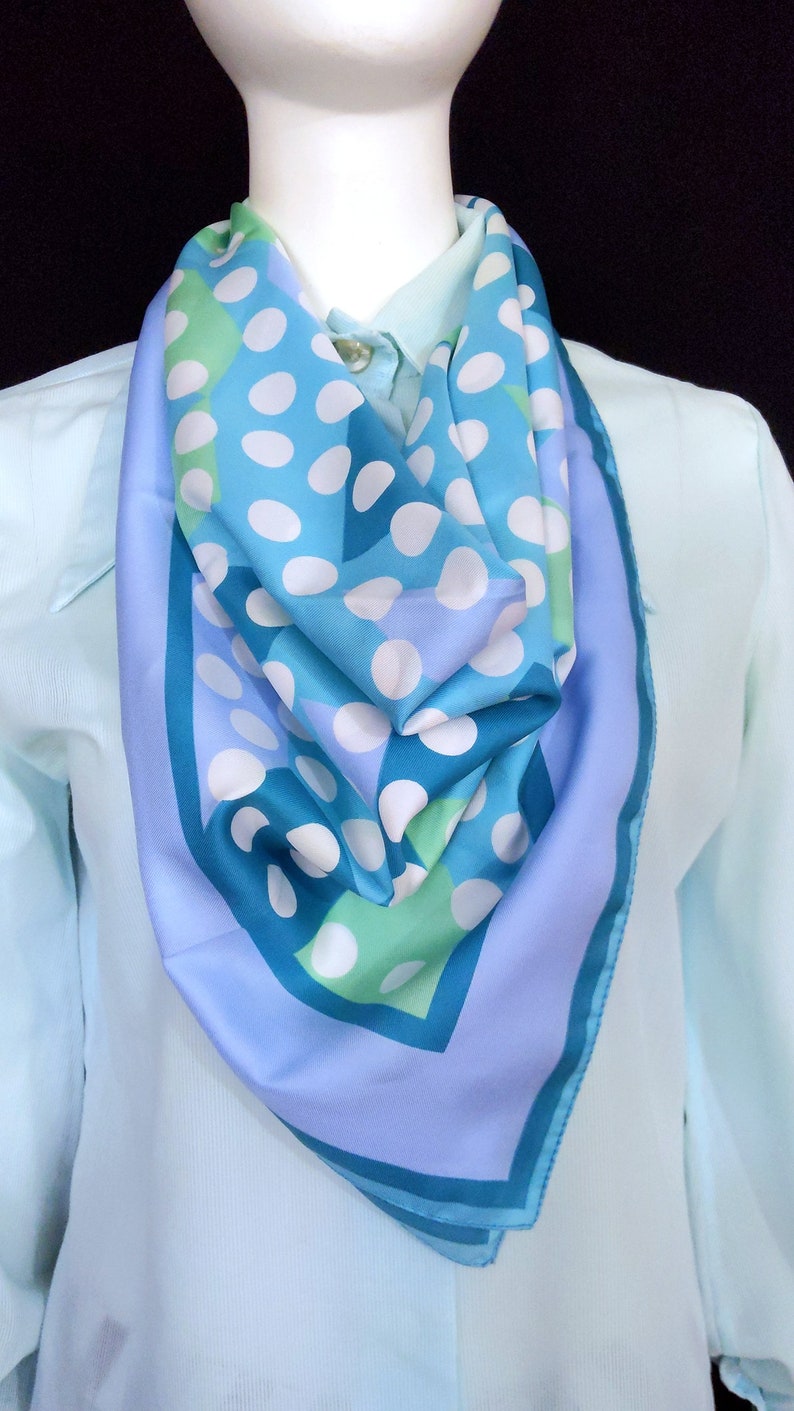 Cute Vintage 70s Pastel Blue & Green Polka Dot Triangles Square Scarf image 6