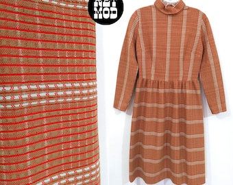 Mod Retro Vintage 60s 70s Brown & Red Stripe Double Knit Poly Long Sleeve Dress