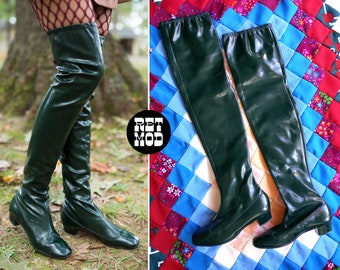 US 6 - SPACE AGE Vintage 60s 70s Dark Green Vinyl Wet Look Over-the-Knee Thigh Boots
