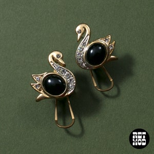 Adorable Vintage 80s 90s Gold & Black Rhinestone Swan Bird Earrings image 3