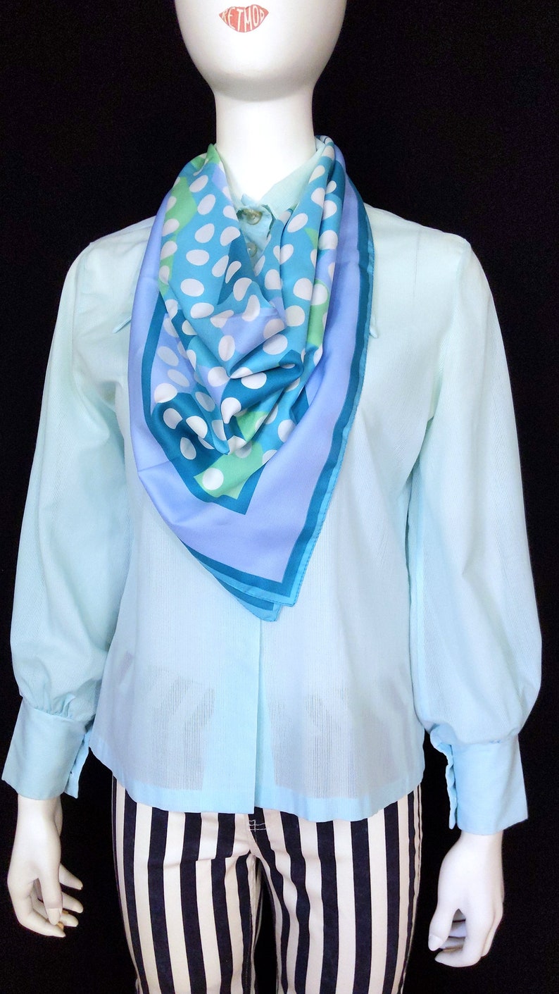 Cute Vintage 70s Pastel Blue & Green Polka Dot Triangles Square Scarf image 5