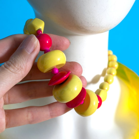 Bright Chunky Vintage Yellow Pink Beaded Statemen… - image 3