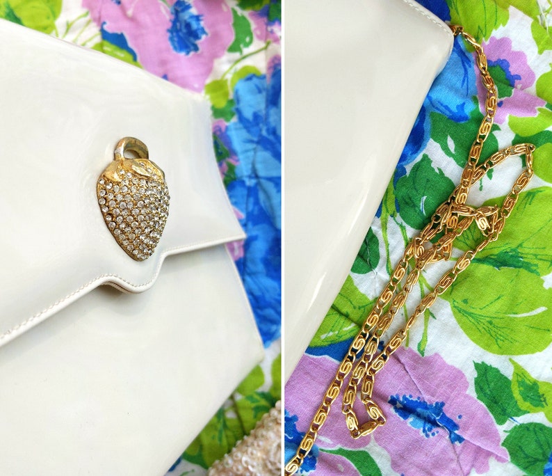 DEADSTOCK Fabulous Vintage Off-White/Khaki-Colored Patent Leather Shoulder Purse with Giant Rhinestone Strawberry image 7