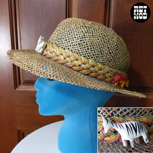 Vintage 80s Wood Animal Safari Straw Hat image 1