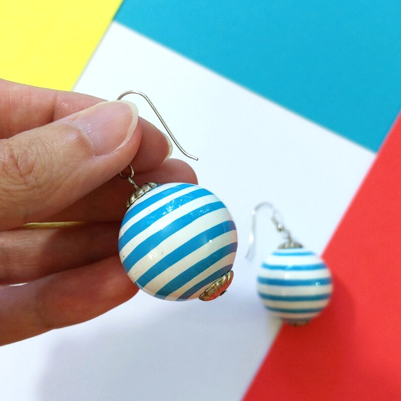 Deadstock Vintage 80s 90s Blue & White Stripe Ball Drop Earrings image 4