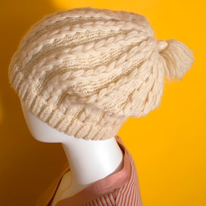 Cute Vintage 50s 60s Cream Cable Knit Wool Winter Hat with Pompom image 5