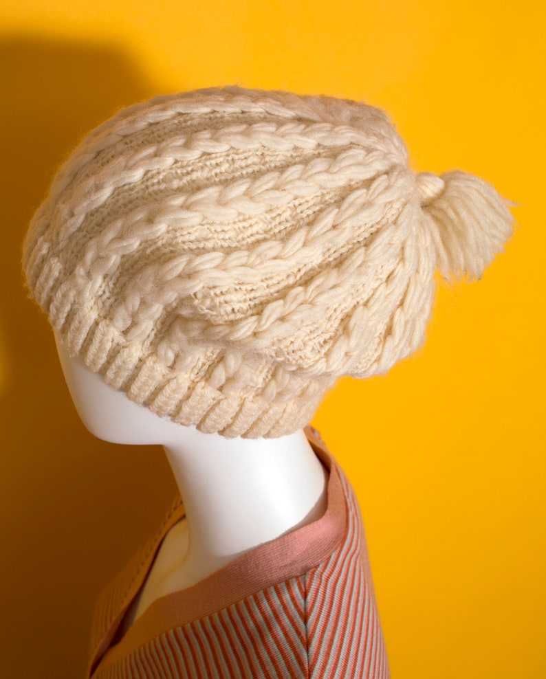 Cute Vintage 50s 60s Cream Cable Knit Wool Winter Hat with Pompom image 5