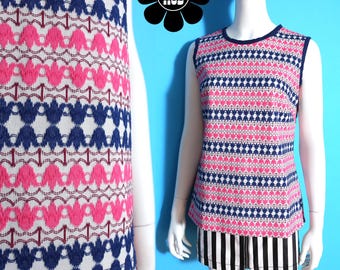 Cool Woven Vintage 60s 70s Pink & Navy Blue Woven Sleeveless Top