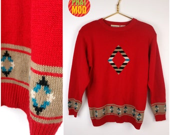Cool Vintage 90s Nautical Red Sweater with Striped Diamond Geometric Pattern