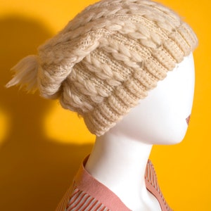 Cute Vintage 50s 60s Cream Cable Knit Wool Winter Hat with Pompom image 2