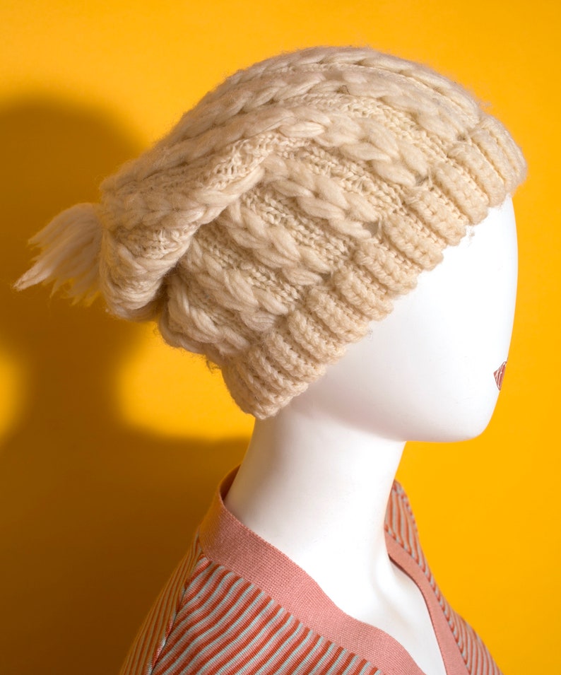 Cute Vintage 50s 60s Cream Cable Knit Wool Winter Hat with Pompom image 2