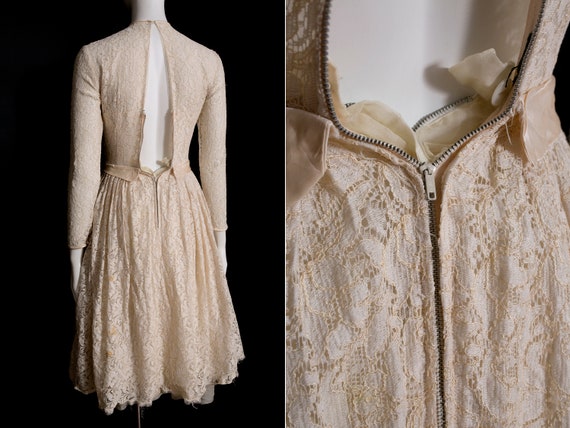 Pretty Vintage 50s 60s Off-White Lace Fit & Flare… - image 5