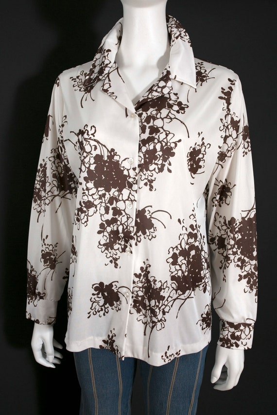 Lovely Vintage 60s 70s White Brown Floral Long Sl… - image 6