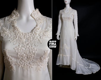 Beautiful Vintage 70s White Victorian Style Open Neckline Long Sleeve Wedding Gown with Train