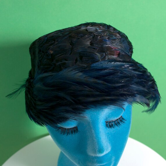 Beautiful Vintage 50s 60s Blue Feather Bucket Hat - image 4