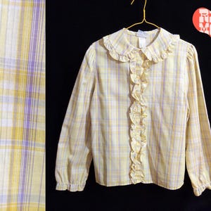 Sweet Vintage 70s 80s Pastel Yellow Purple Plaid Long Sleeve Button Down Blouse with Ruffly Peter Pan Collar