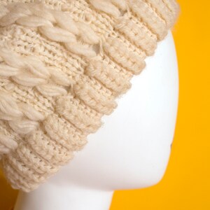 Cute Vintage 50s 60s Cream Cable Knit Wool Winter Hat with Pompom image 3