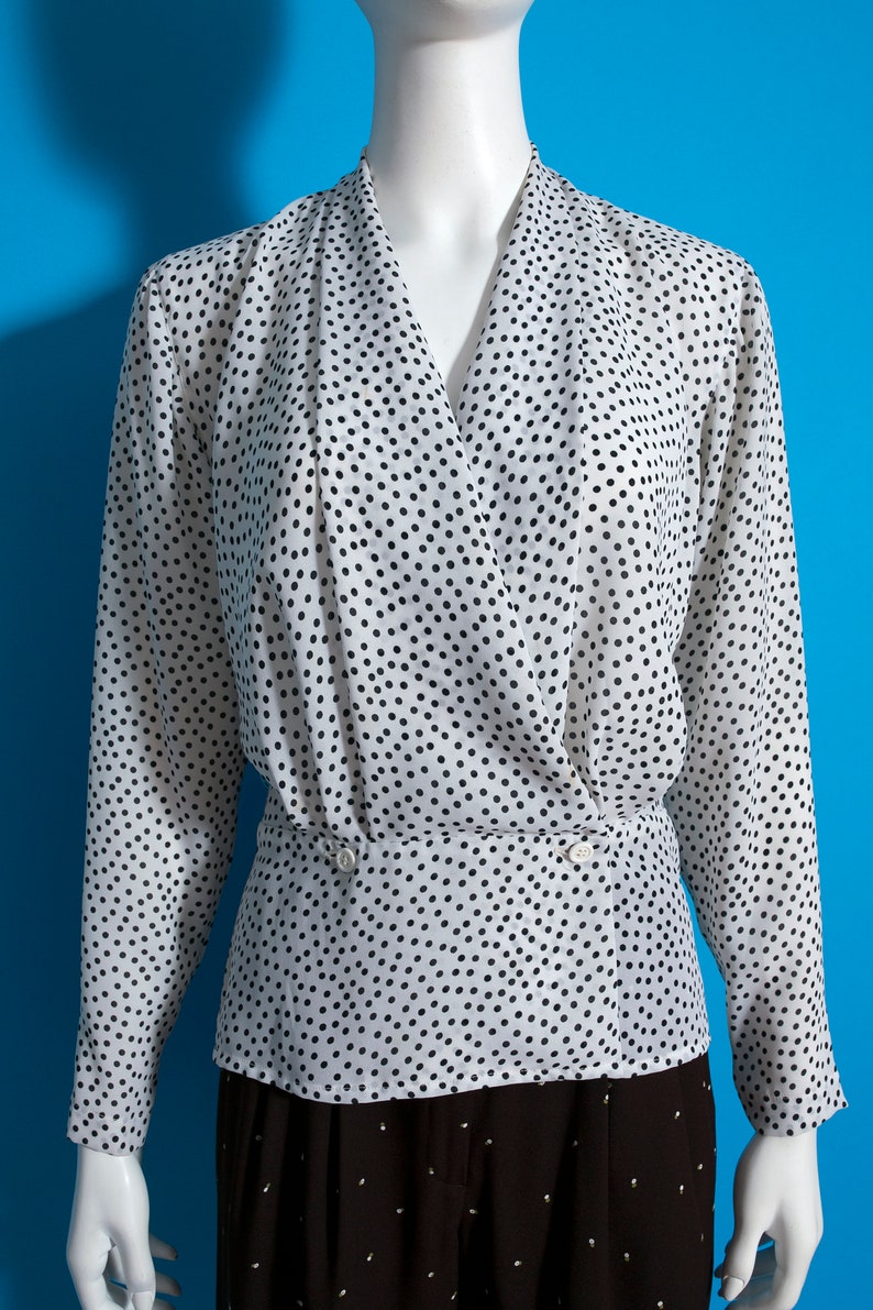 Cute Vintage 80s 90s White & Black Dots Blouse by Regina Porter image 2