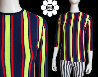 Mod Dream Soft Vintage 60s 70s Navy Blue, Red, Neon Chartreuse Yellow Stripe Top