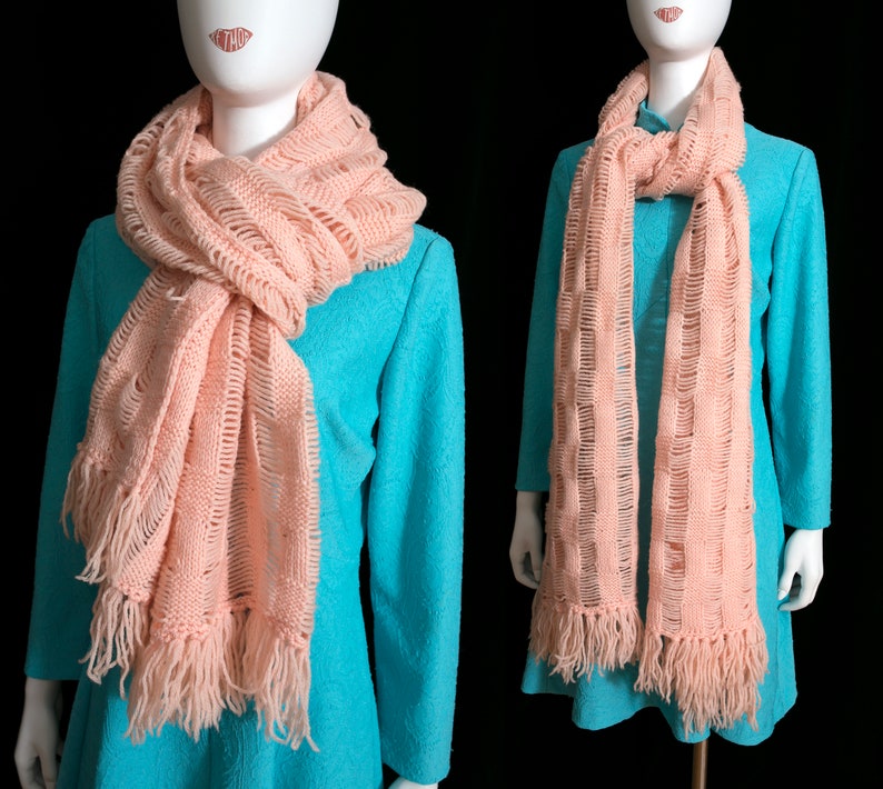 HUGE Vintage 70s Peach Colored Super Long Crochet Scarf with Fringe image 9