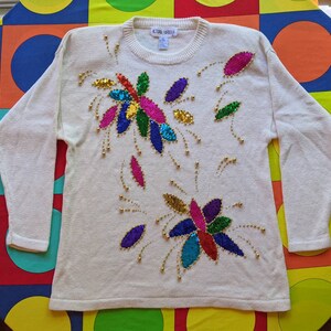 WOW Hermoso Vintage 80s 90s colorido floral lentejuelas patrón largo suéter blanco