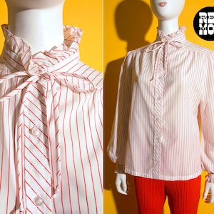 Sassy Vintage 70s 80s White & Red Pinstripe Long Sleeve Blouse with Ruffle Tie Collar