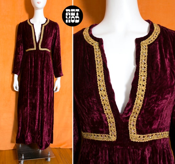 Vintage 90s Burgundy velvet maxi dress with mermaid ruffle trim (L/XL)