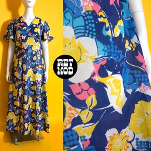 Unique Vintage 70s Blue Yellow Pink Abstract Floral Maxi Dress