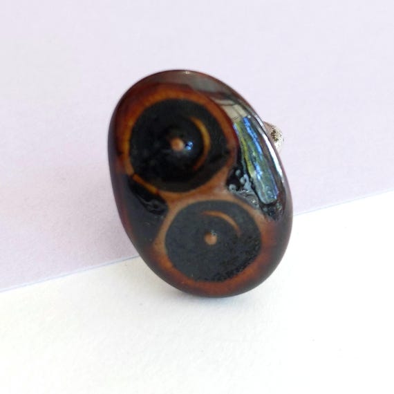 Unique 70s Brown Two Dots Ceramic Adjustable Ring - image 6