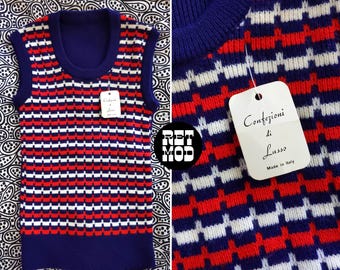 Kid Size - Deadstock Vintage 60s 70s Navy Blue Red White Patterned Vest Top Made in Italy