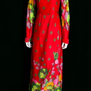WOW Gorgeous Vintage 70s Red Green Flower Power Long Sleeve Maxi Dress image 5