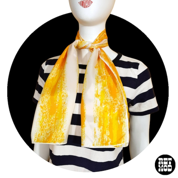 Abstract Vintage 60s 70s Yellow White Long Scarf - image 1