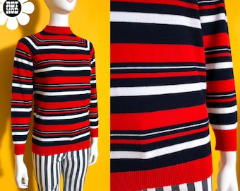 Blusa de malha macia estilo Mod Vintage anos 60/70 com listras em vermelho vivo, azul marinho e branco