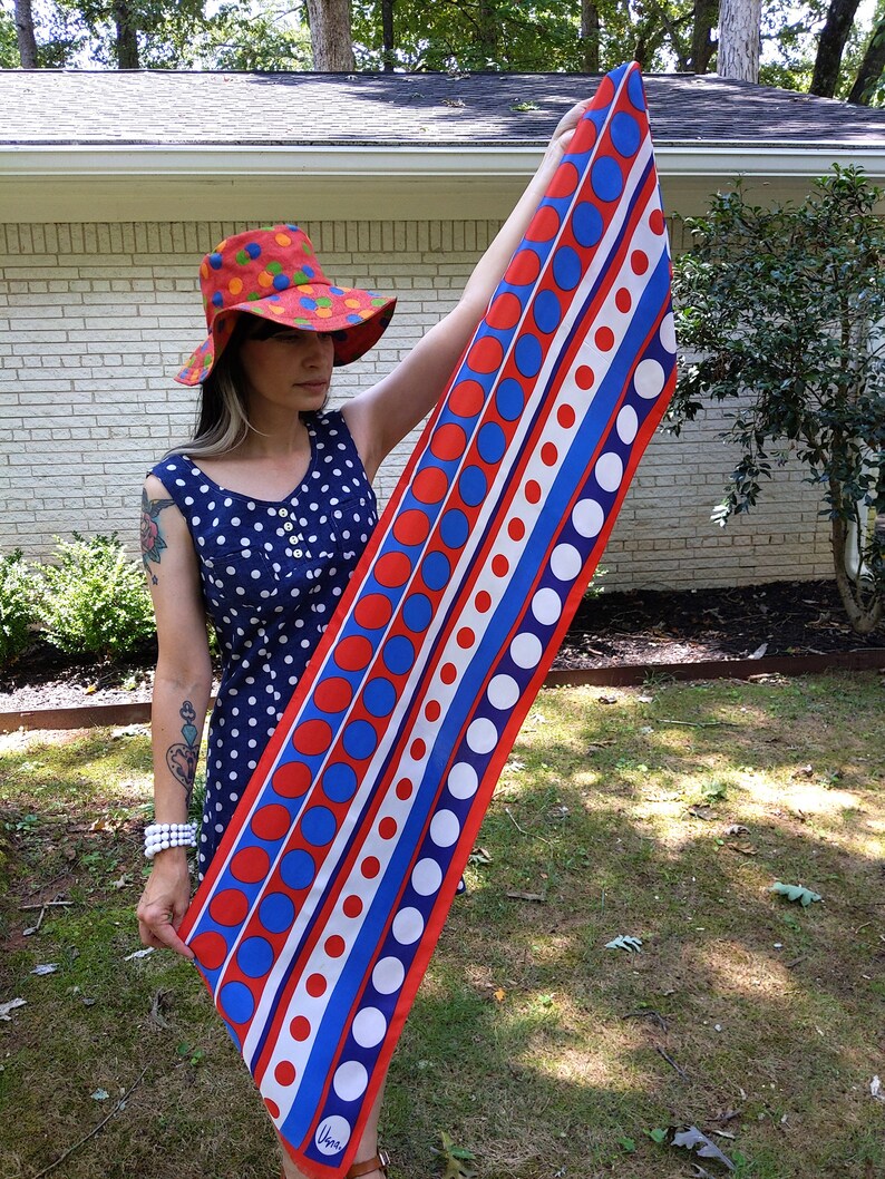 Large Vera Neumann Beauty Vintage 60s 70s Red White Blue Bold Polka Dot Long Scarf image 3