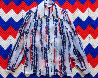 Lovely Vintage 60s 70s Sheer White Blue Red Patterned Long Sleeve Collared Blouse