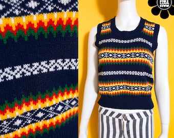 Colete de tricô vintage elegante dos anos 70 em acrílico azul marinho com estampa em amarelo, vermelho, verde e branco.