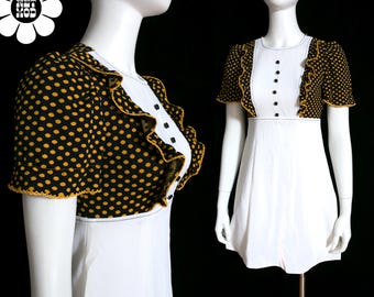Adorable Vintage 60s 70s White, Black & Gold Polka Dot Dolly Mini Dress