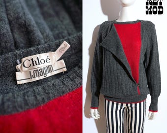 Chloe Vintage Early 80s Chic Gray Red Statement Sweater