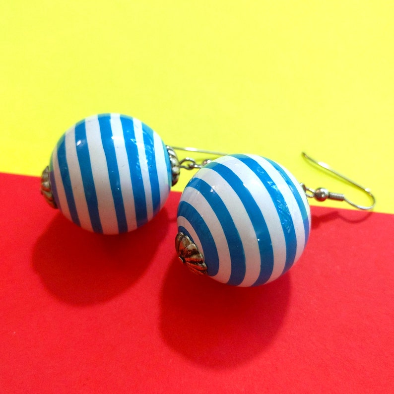 Deadstock Vintage 80s 90s Blue & White Stripe Ball Drop Earrings image 3